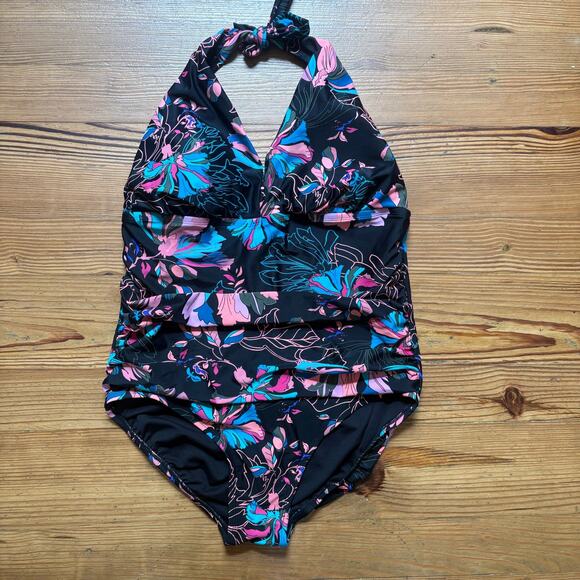 Time and Tru black neon floral padded halter top maternity one piece SIZE XL - Picture 1 of 5